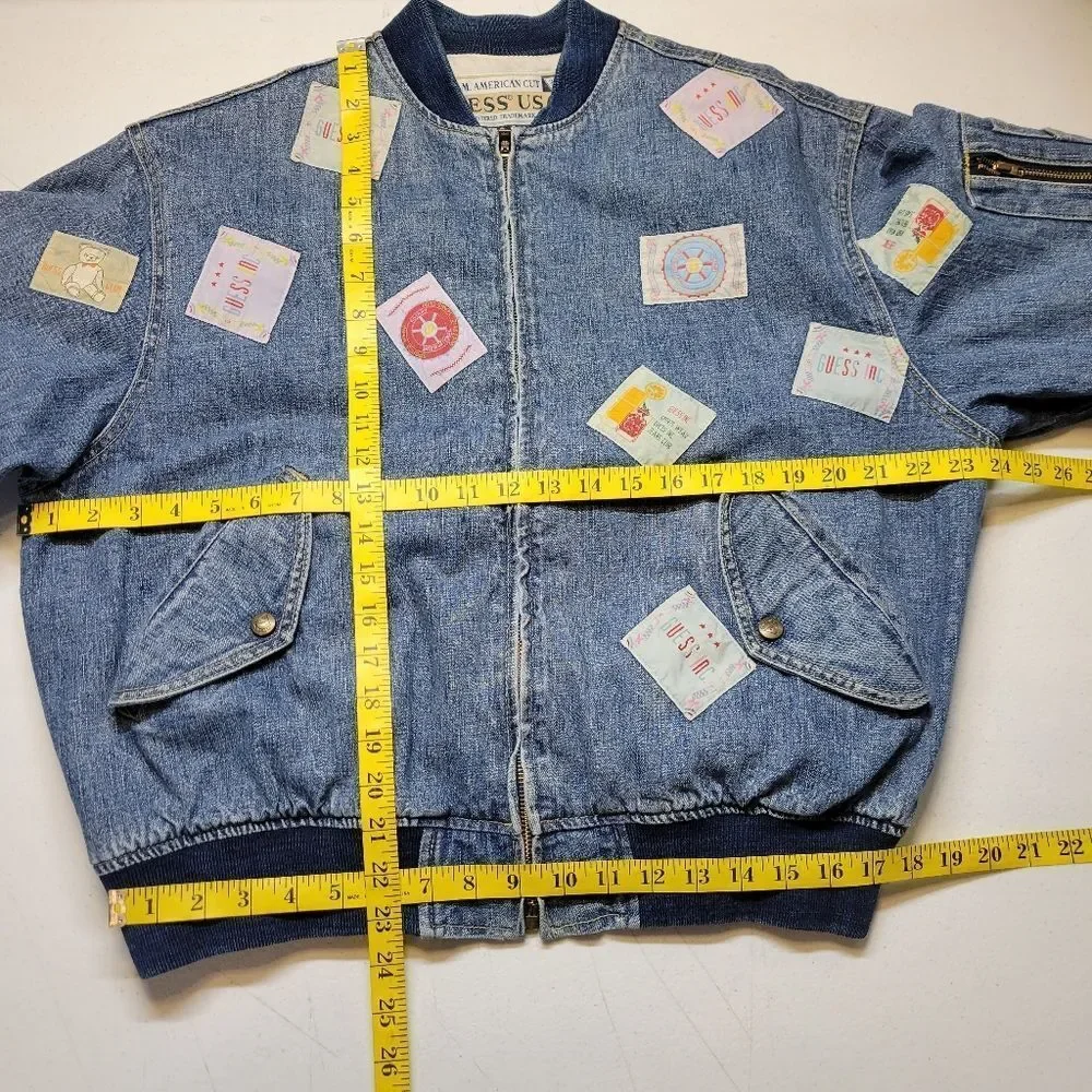 Guess Georges Marciano Vintage 80s Denim Bomber Jacket with Logo Patches RARE